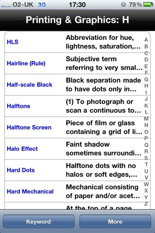 Screenshot of H section of app